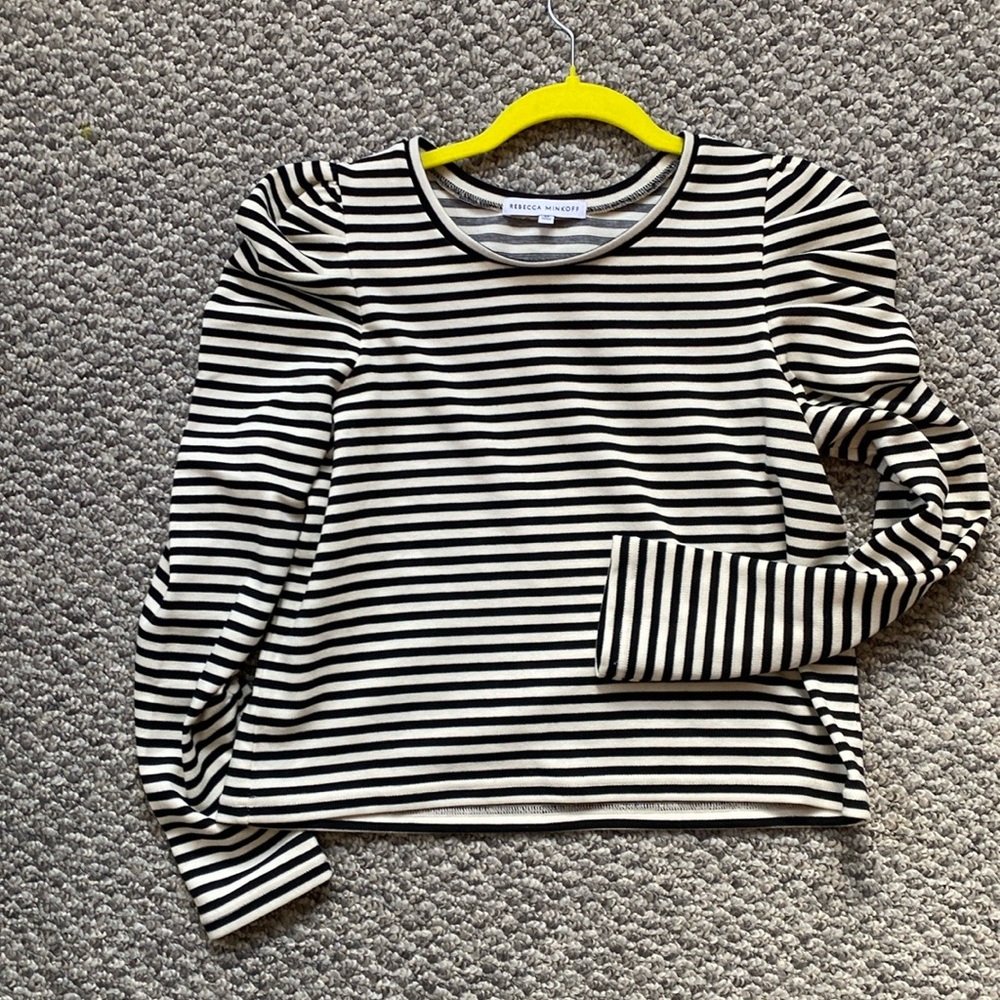 Rebecca Minkoff Talia Cropped Top Cream/Black Striped Sz M Puff Long Sleeve